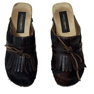 Dolce & Gabbana Women Animal Print Fringe Ribbon Clog Sandals Black Brown Sz 38